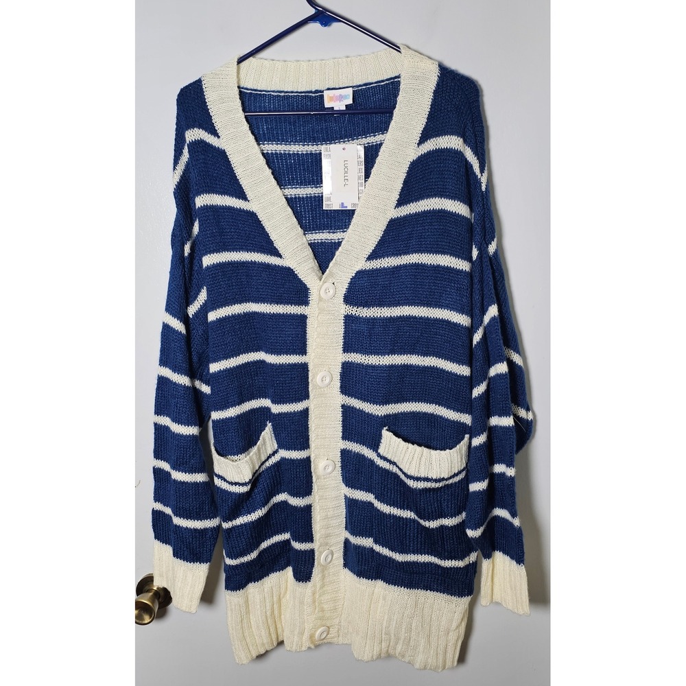 LuLaRoe Lucille Cardigan Sweater Large Blue White Striped Oversized NWT